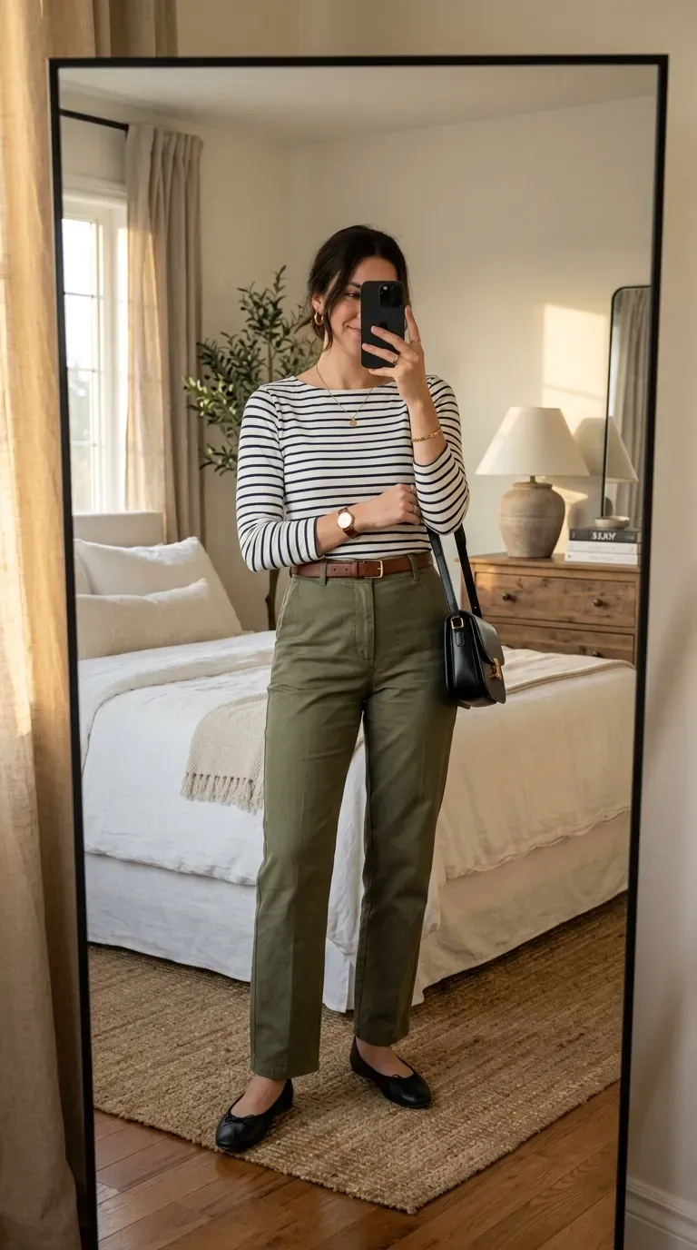 What to Wear with Green Pants: 11 Stylish Outfit Ideas 7 Woman wearing green pants with striped shirt for effortless French-inspired casual style.