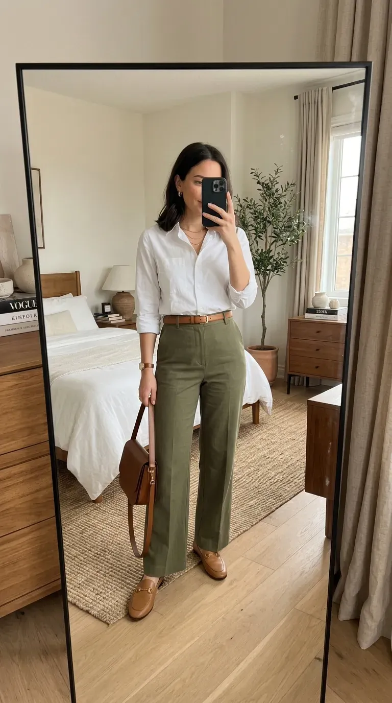 What to Wear with Green Pants: 11 Stylish Outfit Ideas 2 Woman wearing green pants with crisp white shirt for polished everyday style.