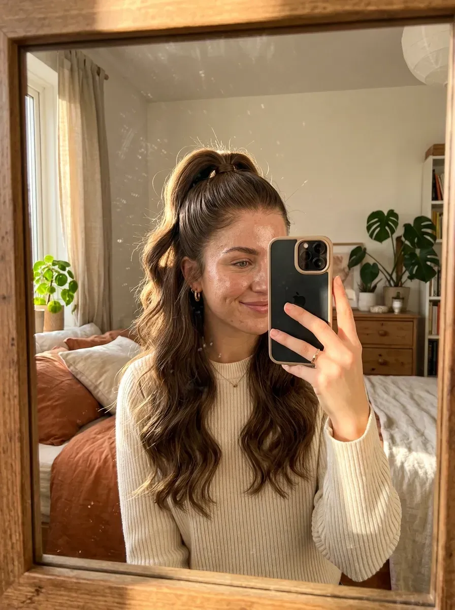 Woman taking an iPhone mirror selfie showing a long half-up half-down lace frontal with soft waves.