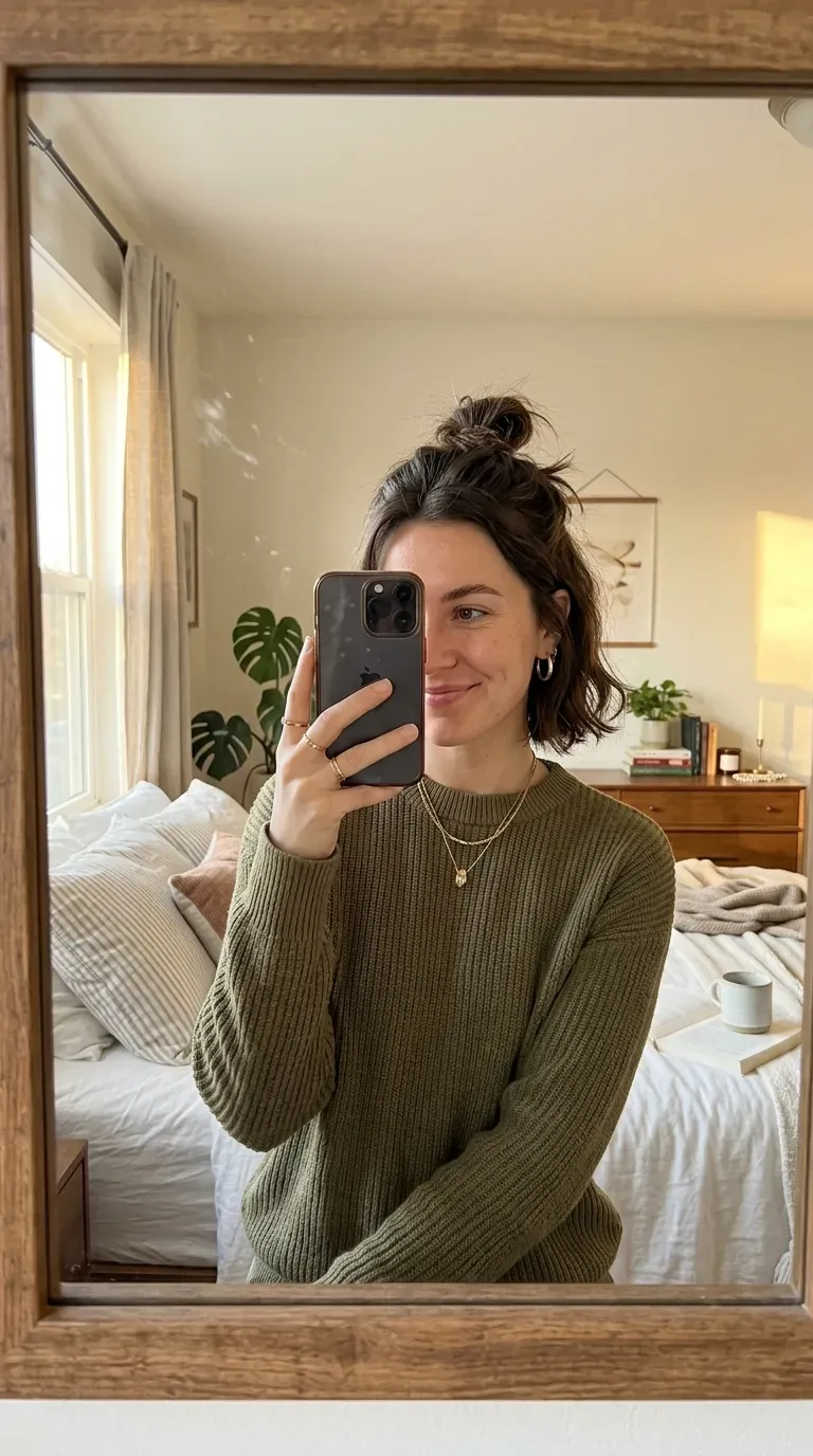 Woman taking an iPhone mirror selfie showing a half-up mini bun with loose textured short hair.