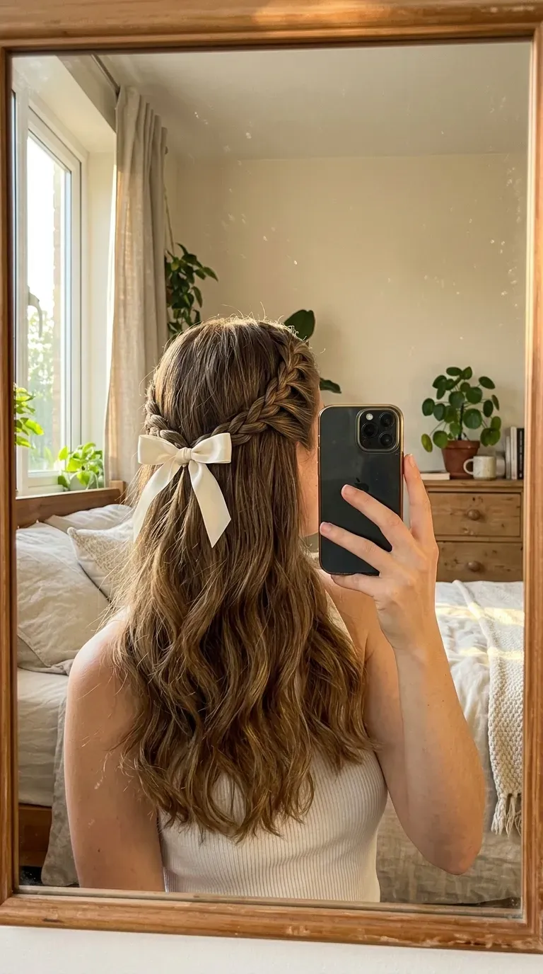 Woman taking an iPhone mirror selfie showing a romantic half-up hairstyle with a twisted rope braid.