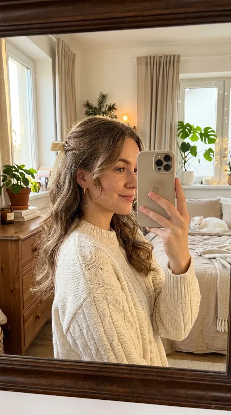 11 Winter Hairstyles for Women That Look Cozy, Chic, and Stylish 7 Woman taking an iPhone mirror selfie showing a soft half-up winter hairstyle with loose waves.
