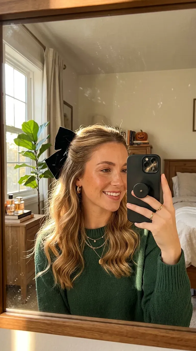 Woman taking an iPhone mirror selfie showing a dramatic oversized black Halloween hair bow with soft waves.