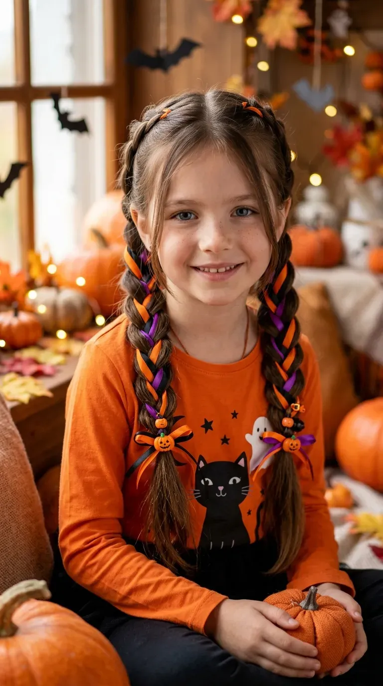 Halloween Hairstyles for Kids: 10 Cute and Spooky Ideas 8 Girl wearing long braids decorated with orange black and purple Halloween ribbons.