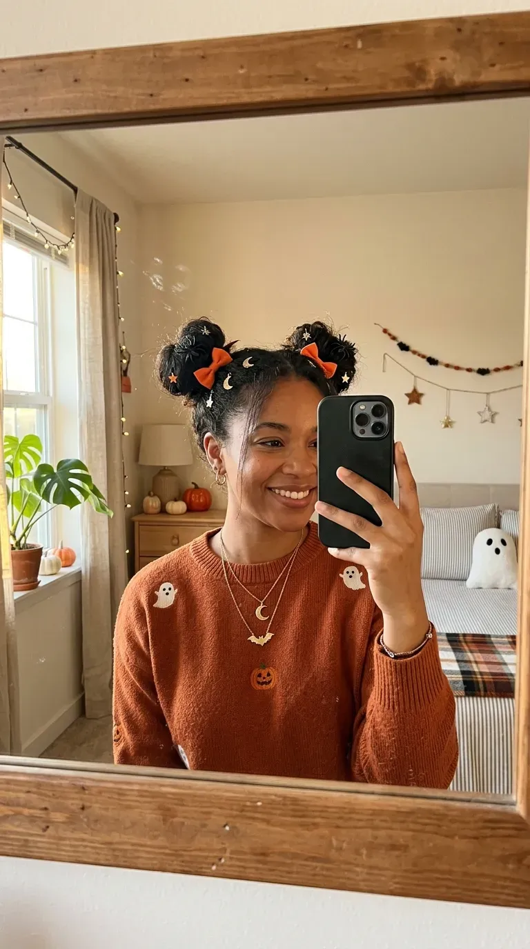 Woman taking an iPhone mirror selfie showing playful Halloween space buns with spooky hair accessories.