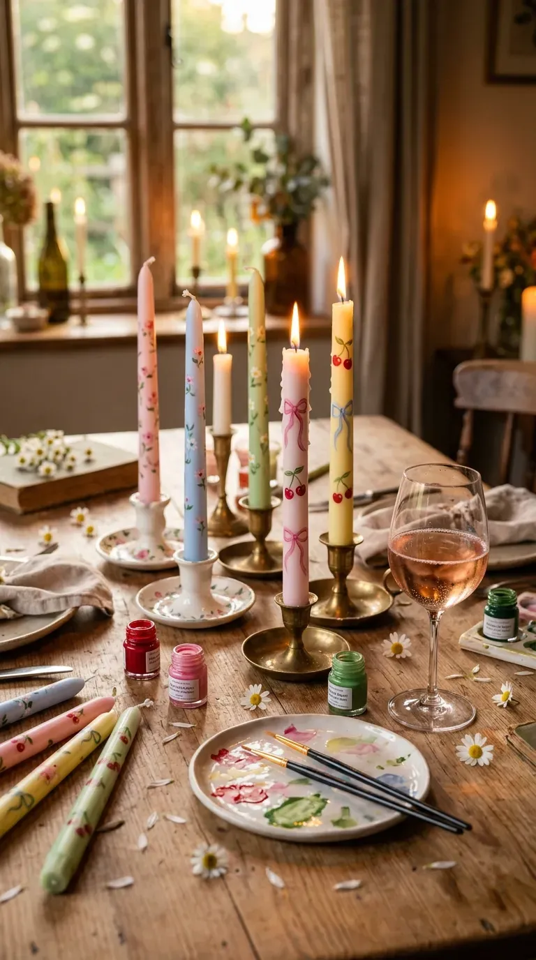 12 Aesthetic Craft Night Ideas for a Dreamy Evening 1 Tall pastel taper candles painted with delicate floral patterns