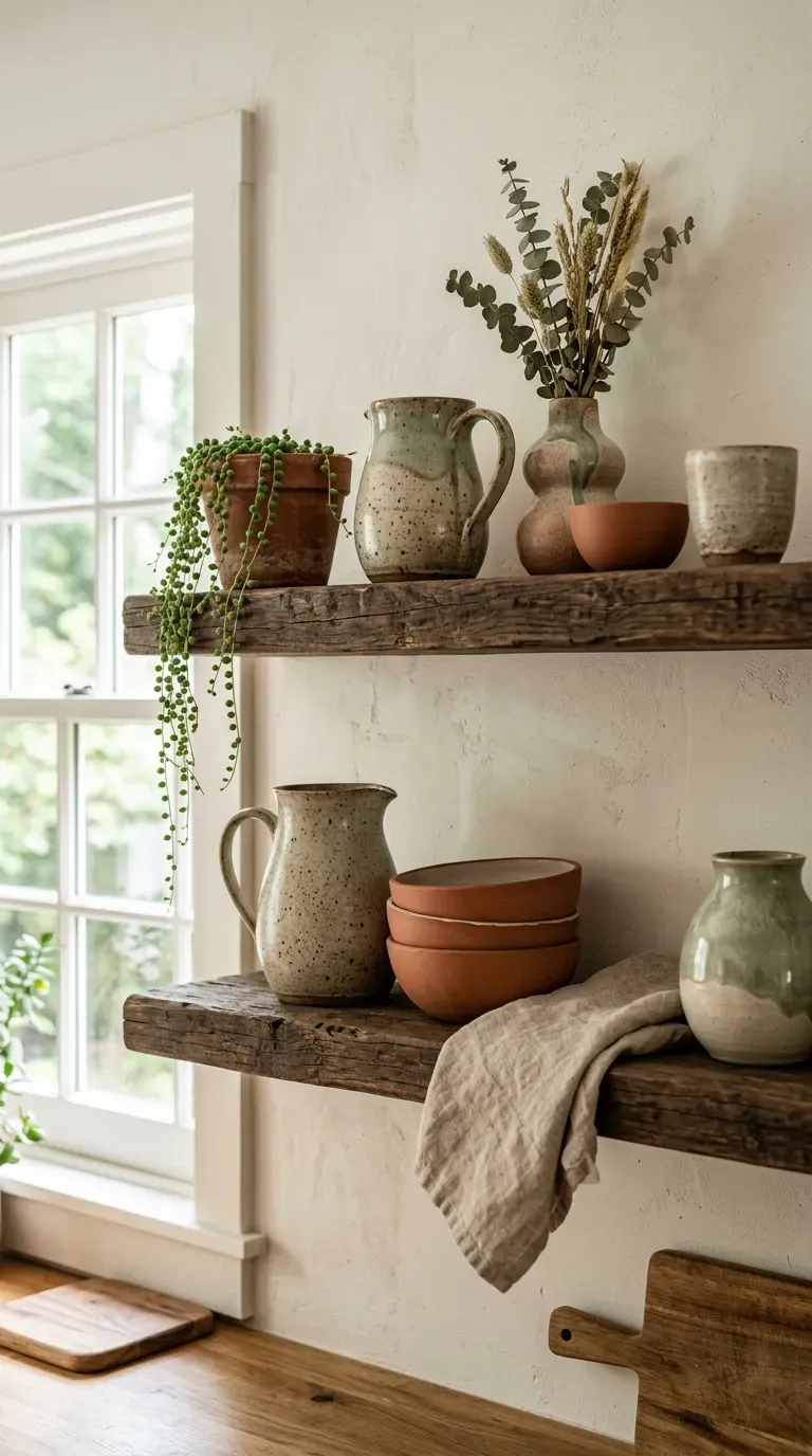 Collection of earthy handmade ceramic vases on rustic wooden floating shelves