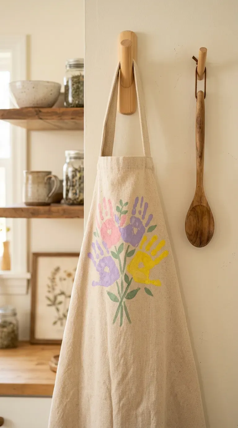 natural cotton canvas apron decorated with colorful handprint flowers and green stems