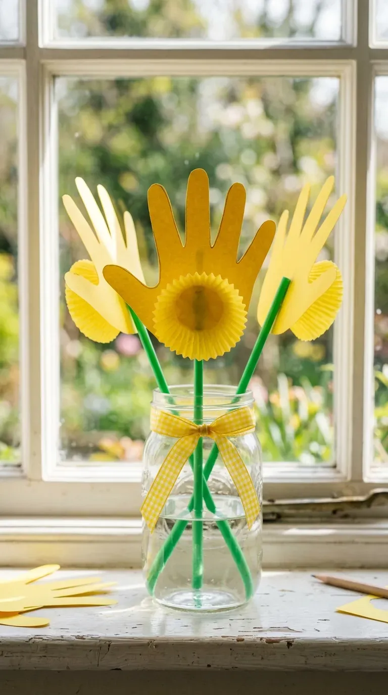 bright yellow handprint paper daffodils with cupcake liner centers in a glass mason jar
