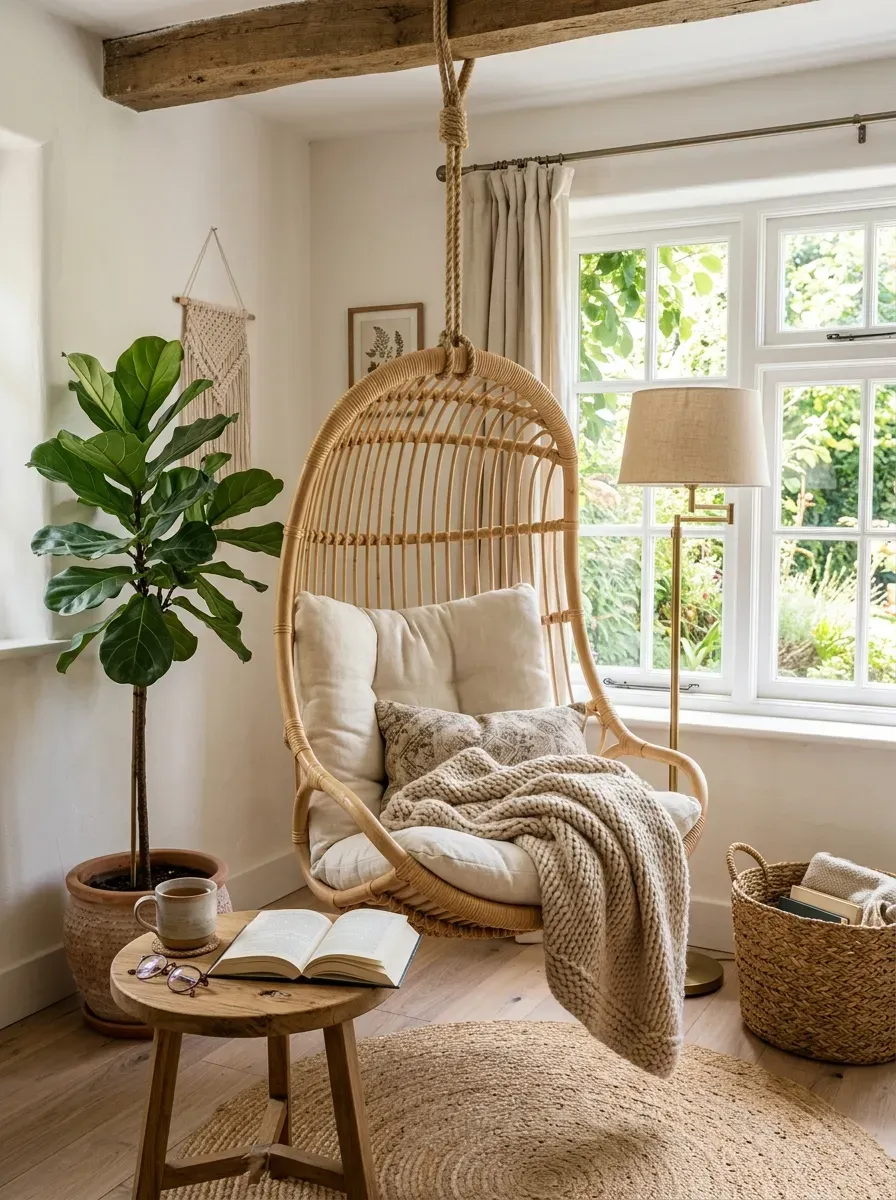 Cozy hanging chair reading nook with cushions books plants and soft natural light.