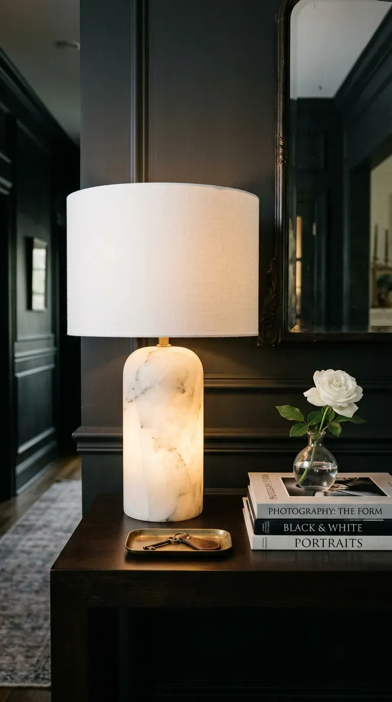 Heavy solid alabaster table lamp on a dark wood entryway console