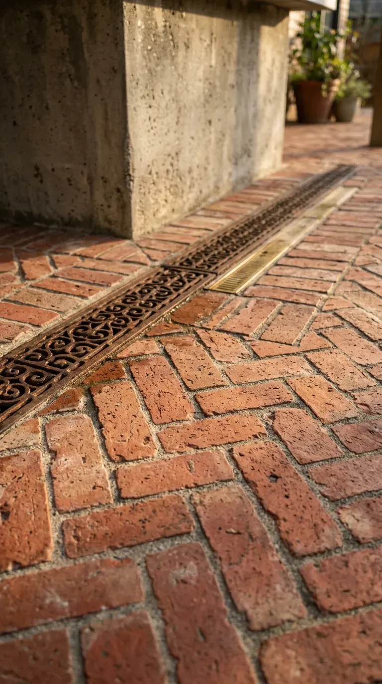 herringbone red clay brick paver flooring under an outdoor kitchen island with decorative drain