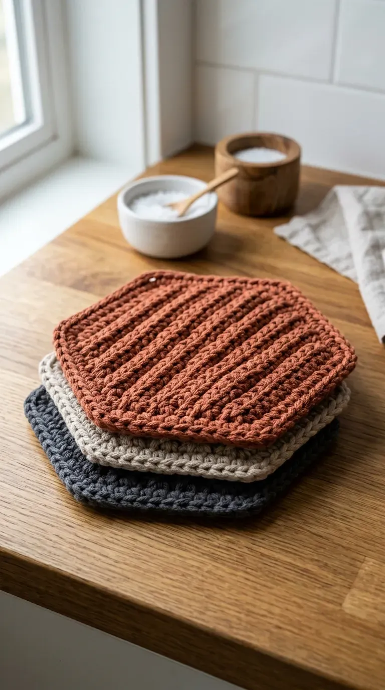 set of thick geometric hexagon cotton crochet trivets on a modern dining surface