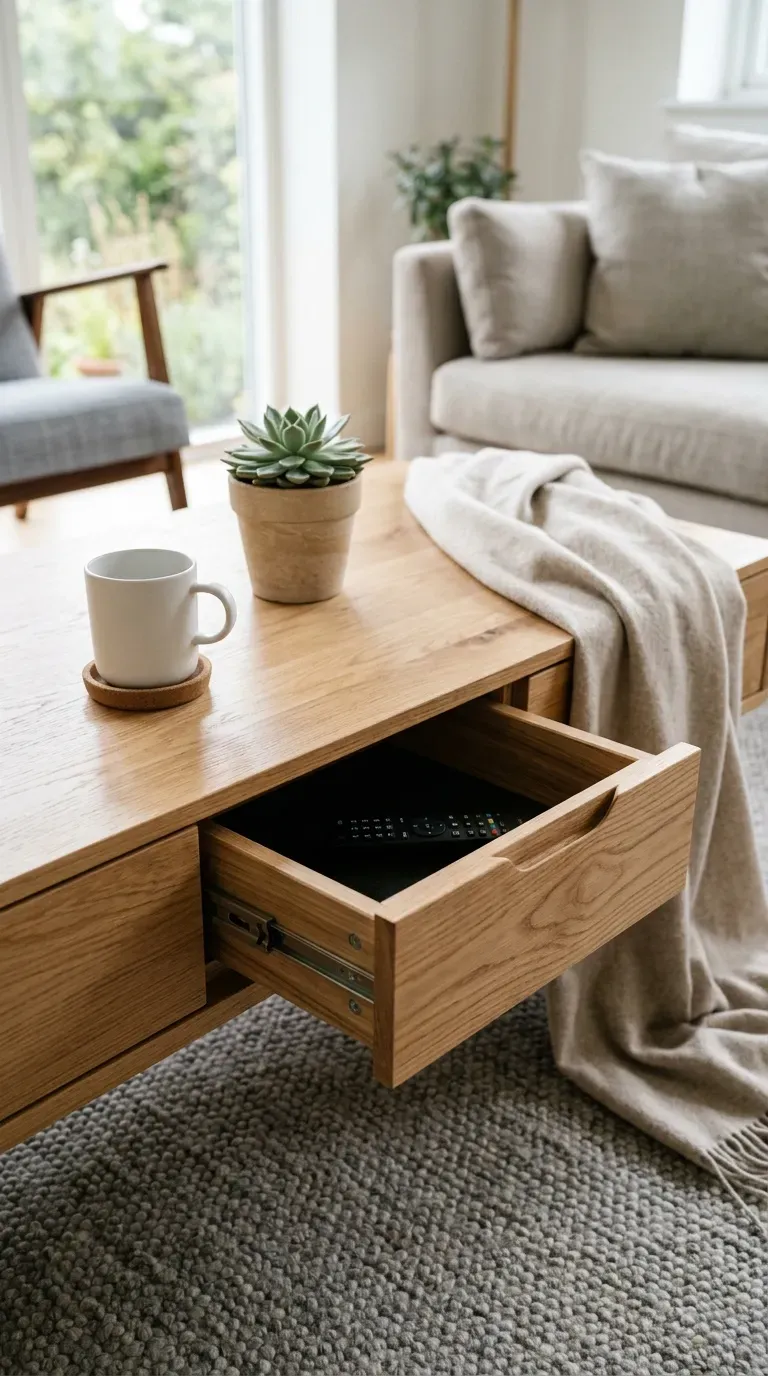 16 Genius Minimalist Living Room Ideas You Need to Try 3 Sleek wood coffee table with hidden storage compartments in minimalist room