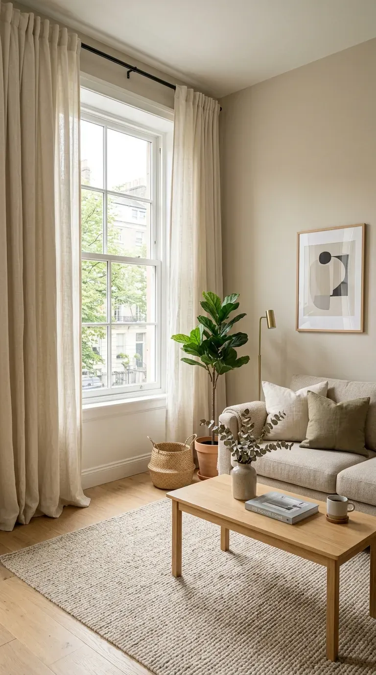 Small apartment living room with floor-to-ceiling linen curtains making the ceiling appear taller.