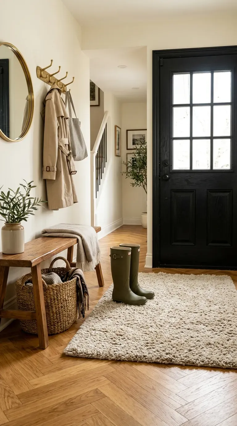 Thick, textured entryway rug protecting bright wooden floors