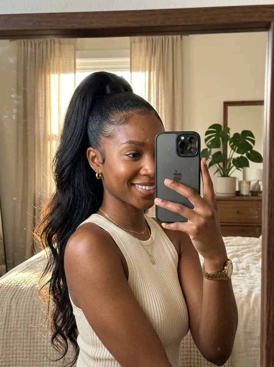 Woman taking an iPhone mirror selfie showing a sleek high ponytail lace frontal with long flowing hair.