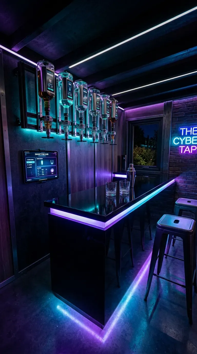 12 Aesthetic Backyard Pub Shed Ideas to Transform Your Yard 12 Modern tech-focused pub shed with glowing color-changing LED lighting