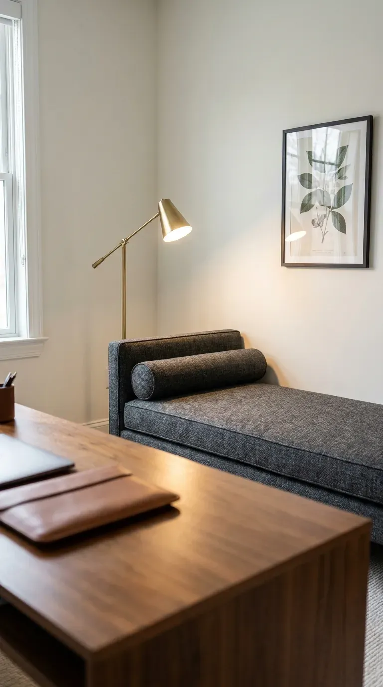 tailored charcoal tweed upholstered daybed styled in a modern home office space