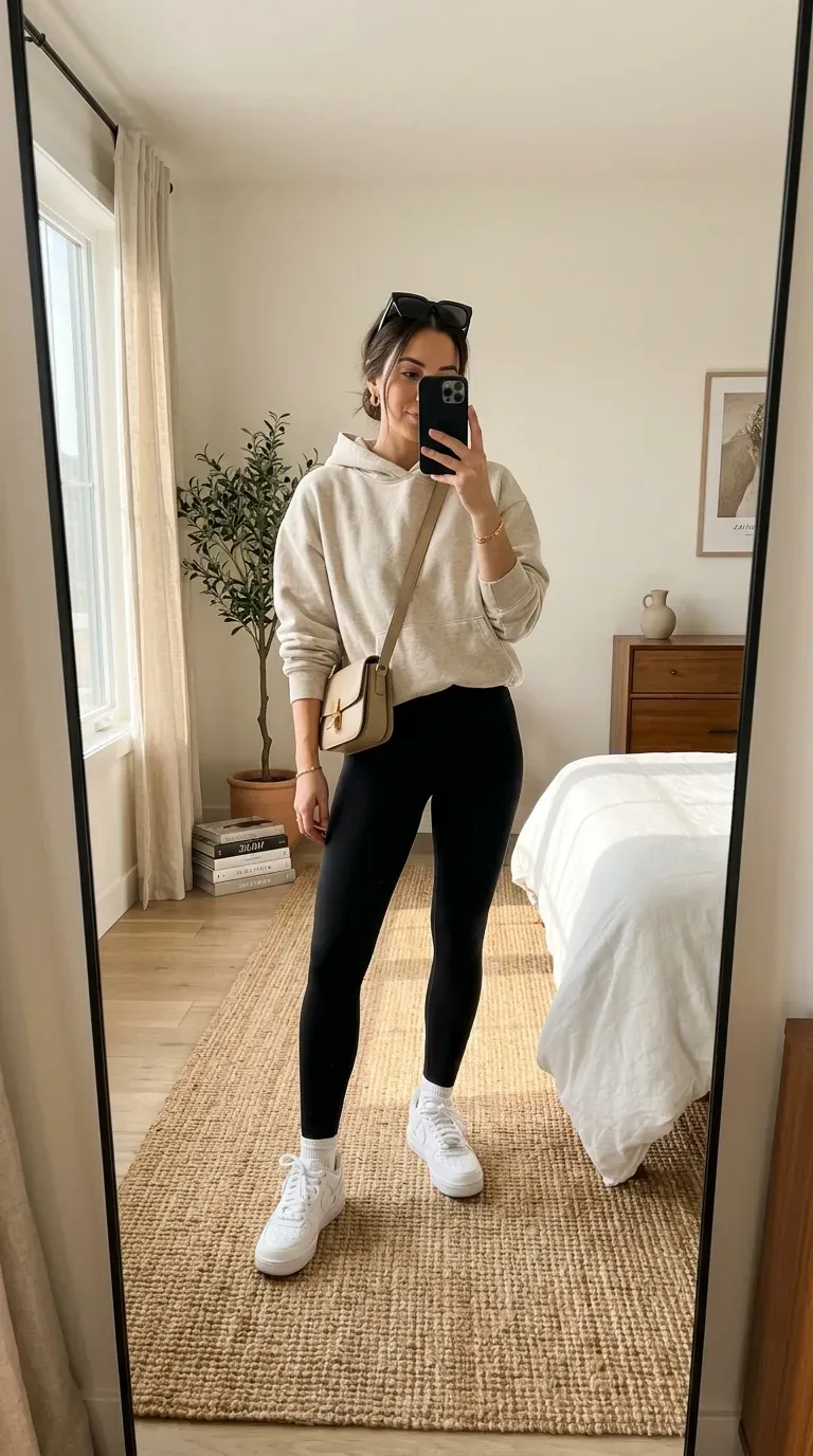 Woman wearing an oversized hoodie with leggings and sneakers for a comfortable casual outfit.