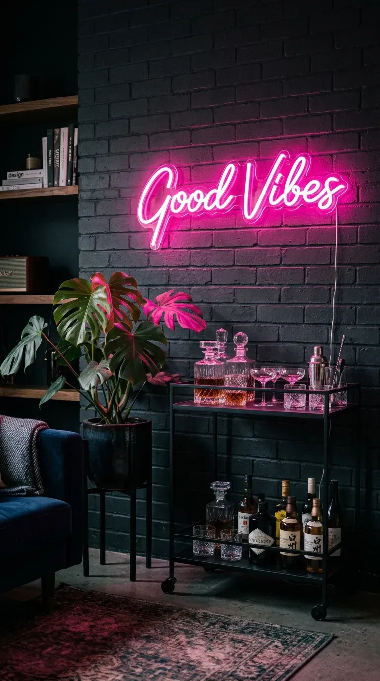 Glowing hot pink neon sign hanging on a dark textured wall