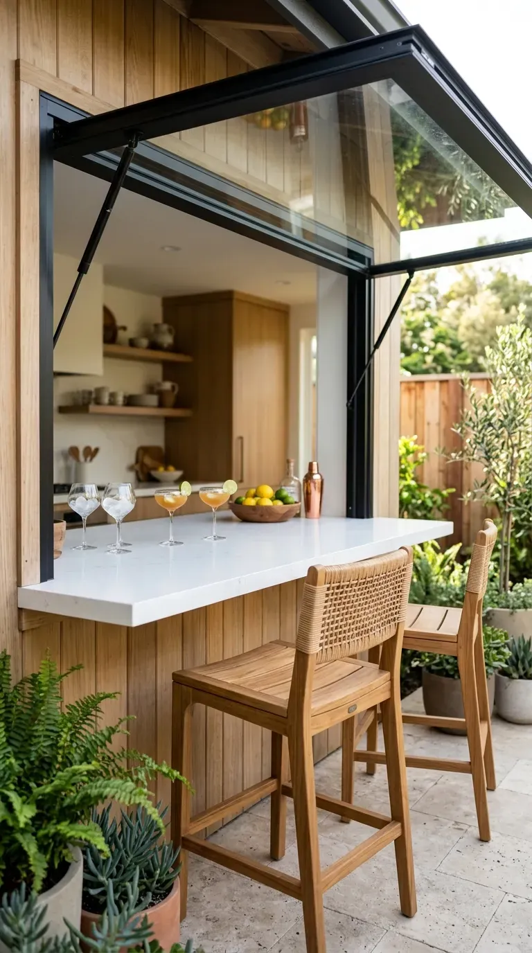 open gas-strut awning pass-through window connecting indoor kitchen to outdoor patio bar