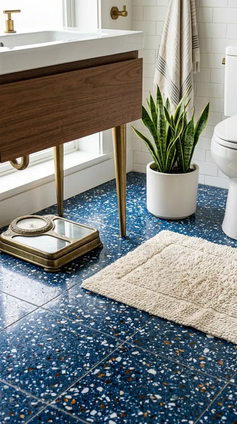 15 Genius Blue Tile Bathrooms You Need to Try 10 Dark indigo blue terrazzo floor tiles with marble and glass chips