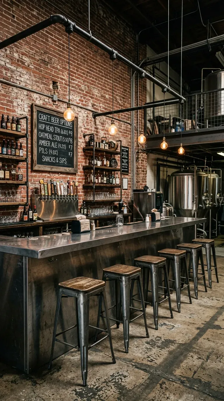 12 Aesthetic Backyard Pub Shed Ideas to Transform Your Yard 8 Industrial style pub shed with exposed brick, metal pipes, and stainless steel