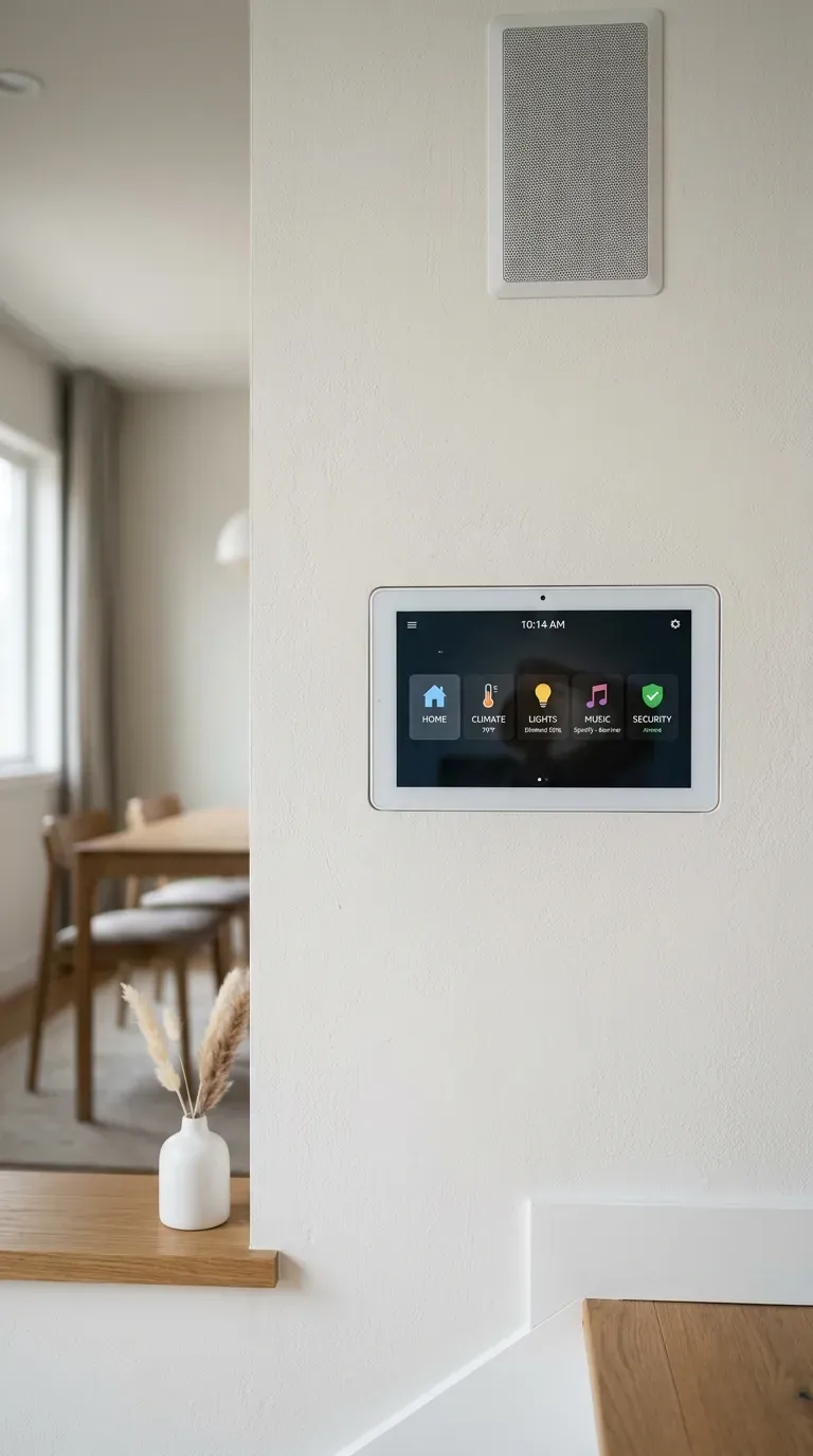 16 Genius Minimalist Living Room Ideas You Need to Try 9 Flush mounted white smart home control panel on a textured wall