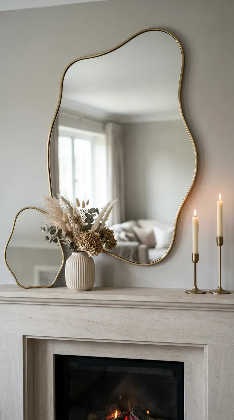 10 Trending Bold Home Decor Pieces to Style in 2026 5 large wavy asymmetrical mirror with brushed gold frame hung above a fireplace mantel