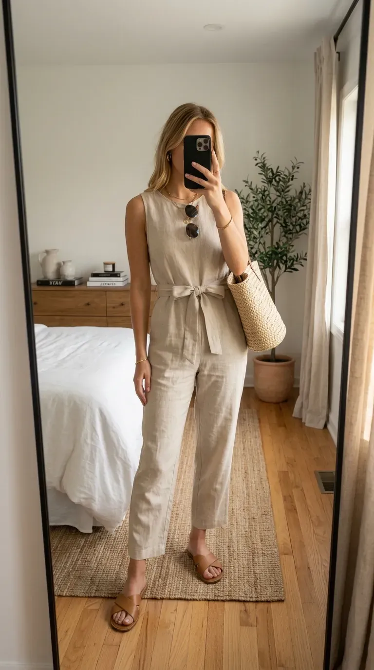What to Wear on an Italy Vacation: 7 Chic Outfit Ideas for Effortless European Style 7 Woman wearing a beige linen jumpsuit with leather sandals for an Italy vacation.