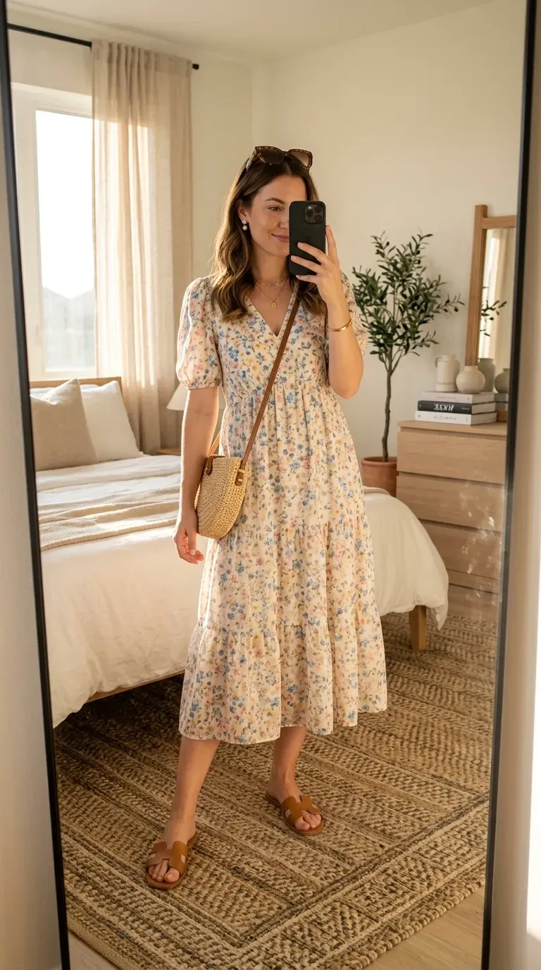 What to Wear on an Italy Vacation: 7 Chic Outfit Ideas for Effortless European Style 3 Woman wearing a floral midi dress with flat sandals for an Italy vacation.