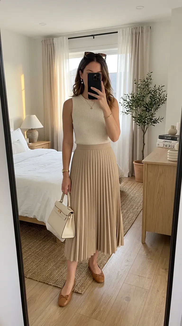 What to Wear on an Italy Vacation: 7 Chic Outfit Ideas for Effortless European Style 5 Woman wearing a sleeveless knit top with a pleated midi skirt for an elegant Italy vacation outfit.
