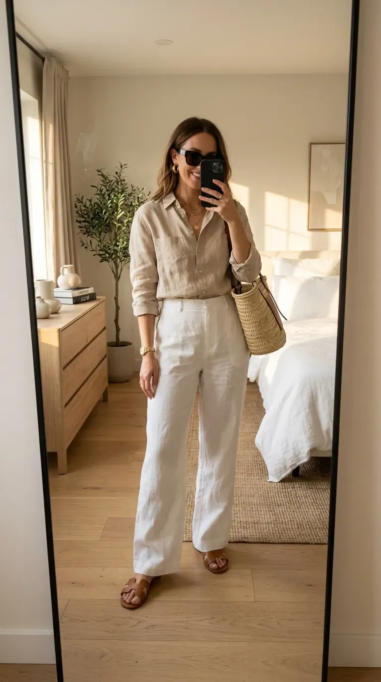 What to Wear on an Italy Vacation: 7 Chic Outfit Ideas for Effortless European Style 2 Woman wearing a linen shirt with white wide-leg pants for a chic Italy vacation outfit.
