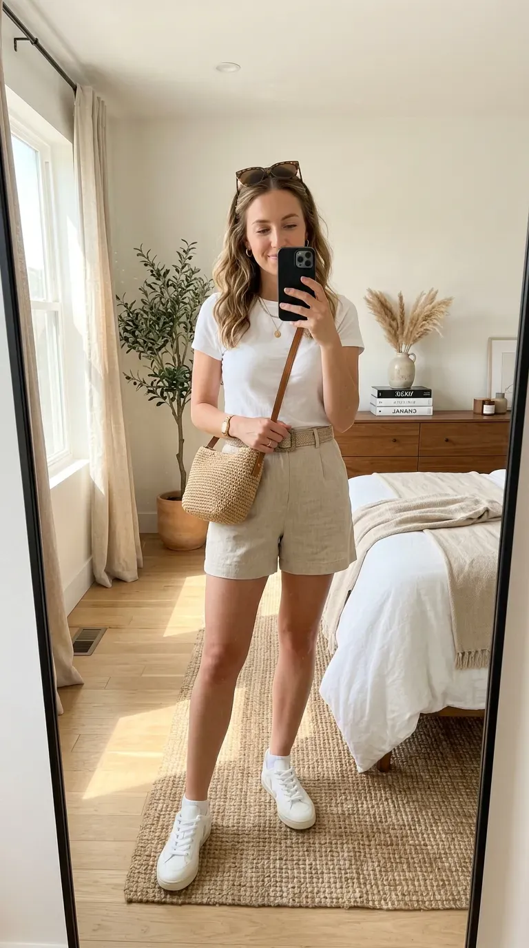 What to Wear on an Italy Vacation: 7 Chic Outfit Ideas for Effortless European Style 4 Woman wearing a white T-shirt with beige linen shorts for a casual Italy vacation outfit.