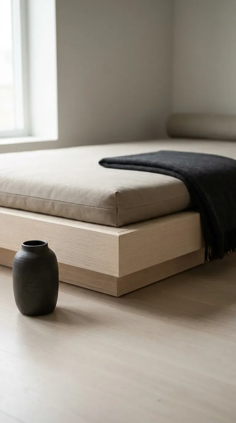 low profile pale ash wood platform daybed with neutral linen futon mattress