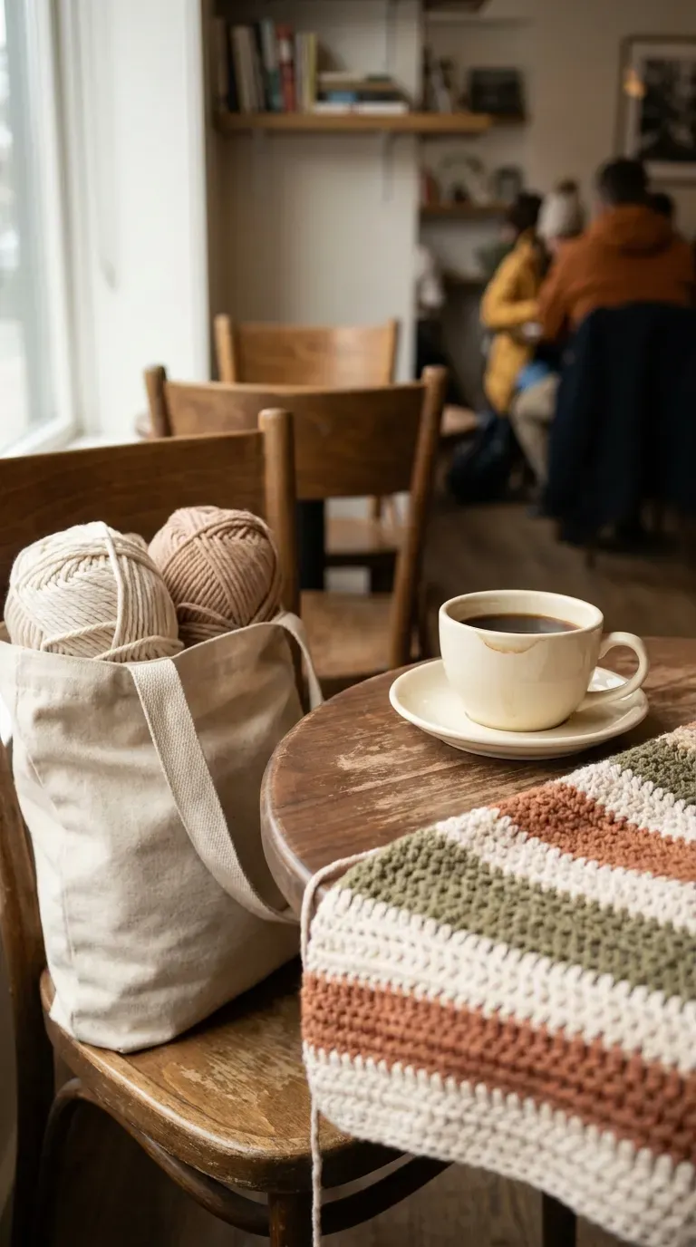 13 Craft Outing Ideas Every Maker Will Love 13 crochet project and yarn resting on a cafe table beside a coffee cup