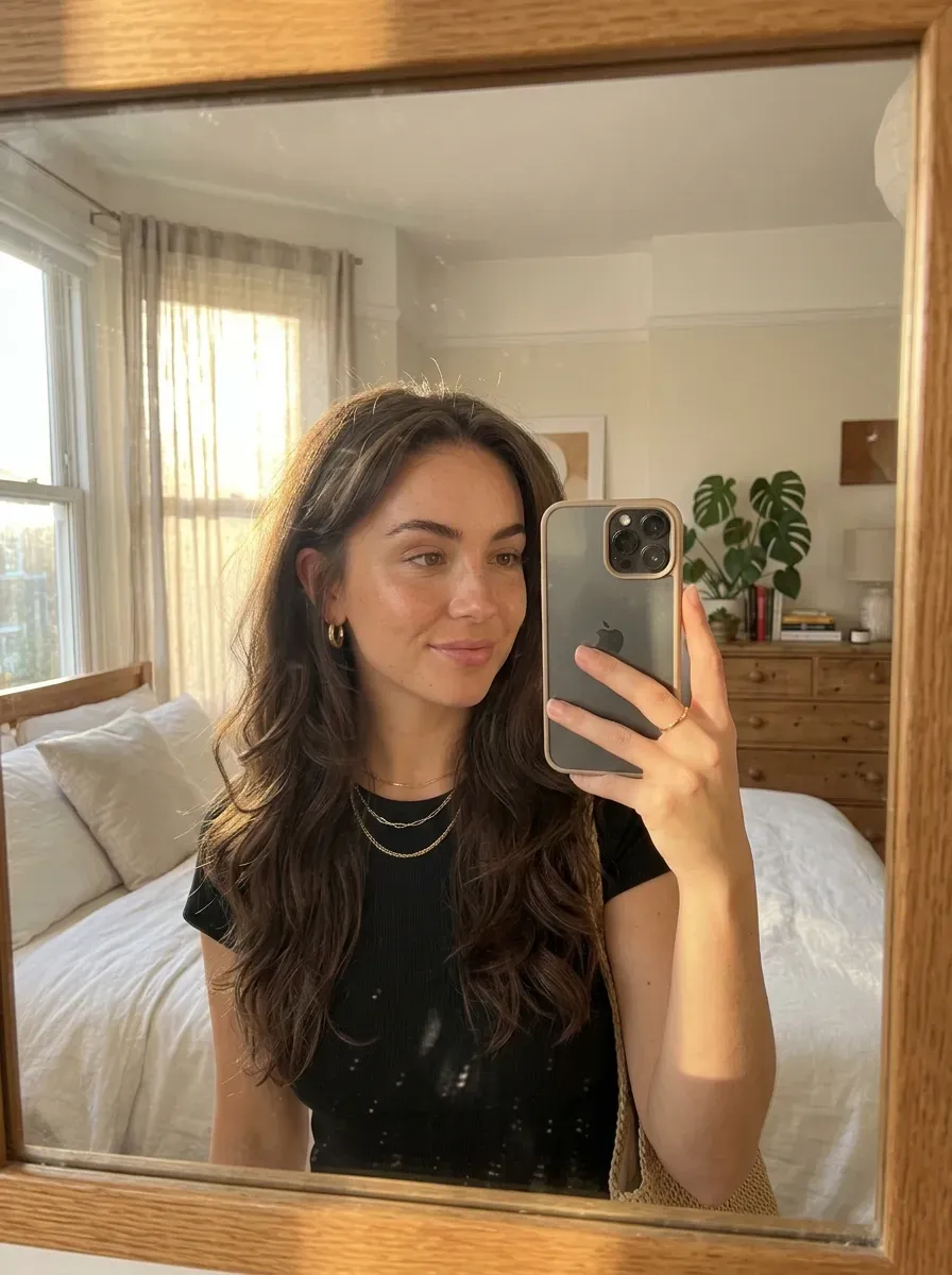 Woman taking an iPhone mirror selfie showing a lace frontal with soft curtain bangs and layered waves.