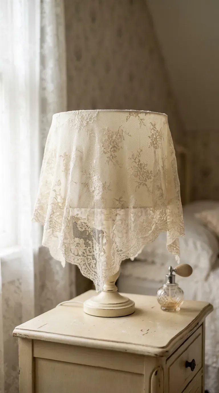 11 Creative DIY Lampshades That Look Store-Bought 6 lampshade wrapped in delicate cream lace fabric on a vanity table