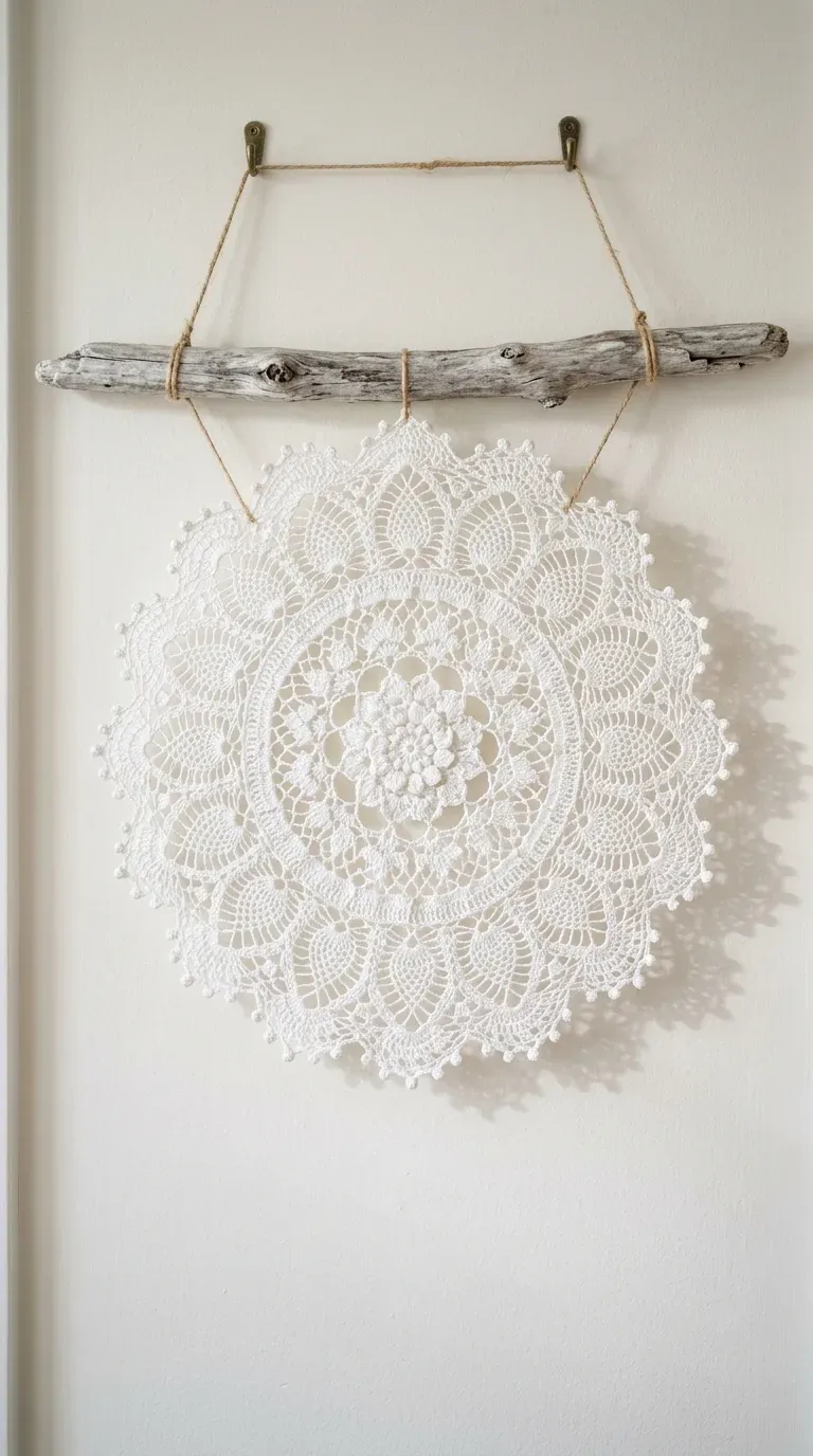 white lacy crochet mandala hanging from a weathered natural driftwood branch on a wall