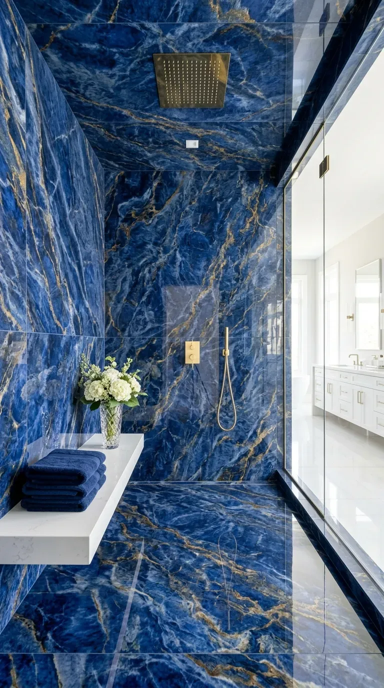 15 Genius Blue Tile Bathrooms You Need to Try 15 Massive, seamless lapis blue large format porcelain tiles in a shower