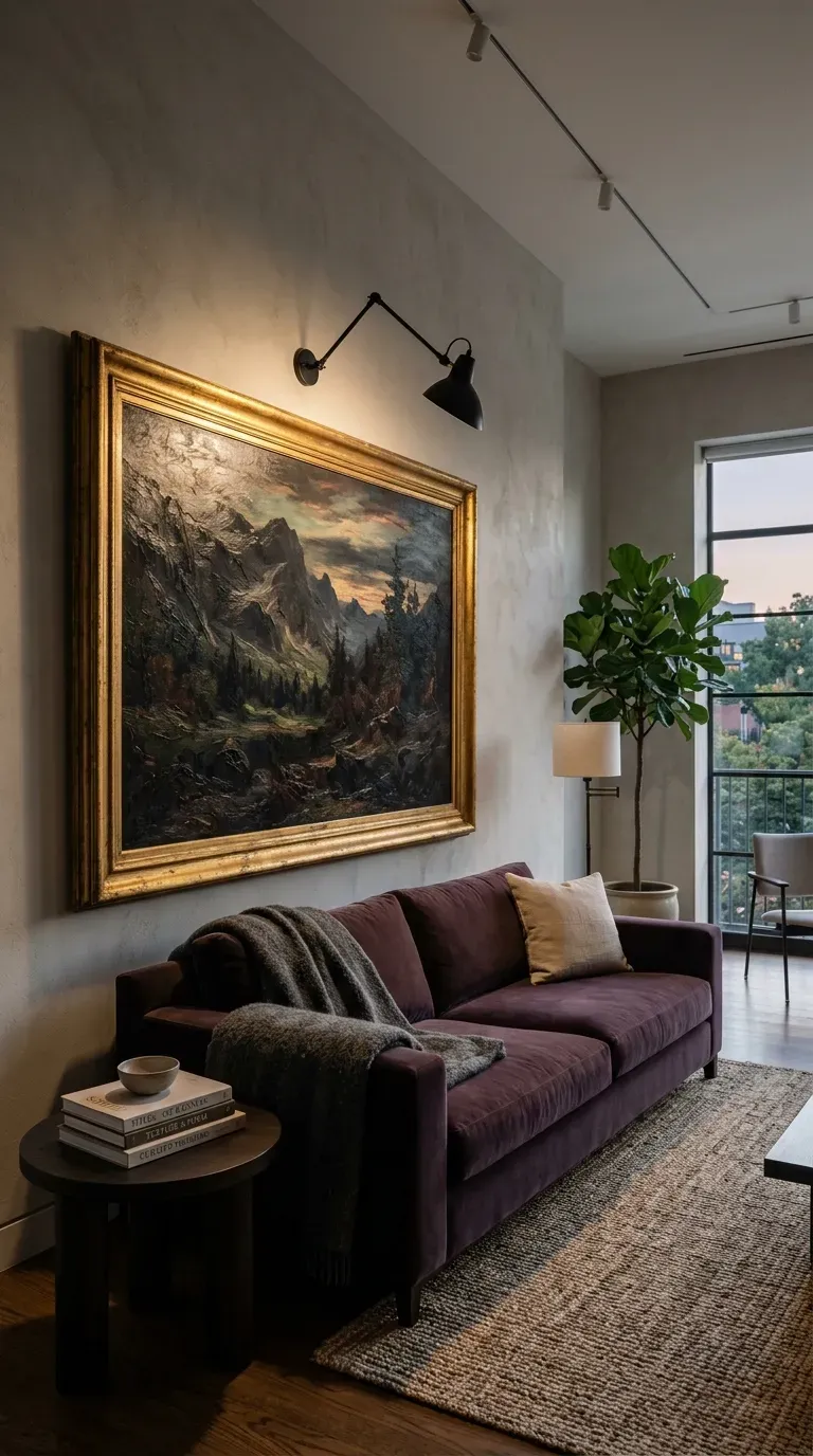 Large moody landscape oil painting hanging above a dark velvet sofa