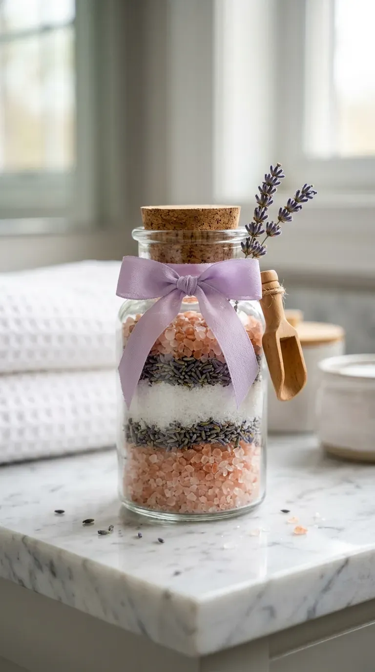 glass apothecary jar filled with layered pink and lavender bath salts and wooden spoon