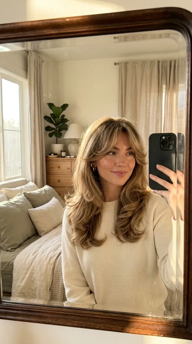Woman taking an iPhone mirror selfie showing voluminous layered blowout hair with lifted curtain bangs.