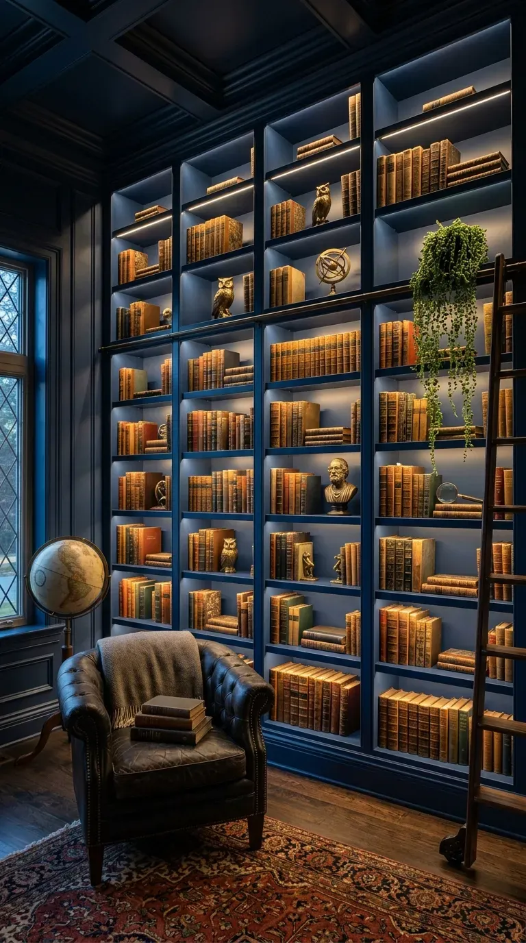 Built-in library bookshelves glowing with hidden warm LED lighting