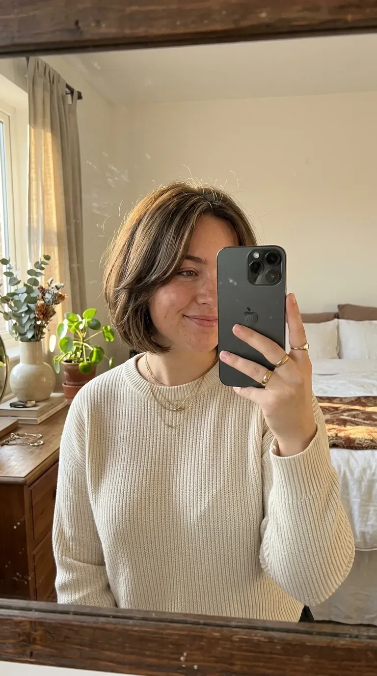 Woman taking an iPhone mirror selfie showing layered chin-length bob hairstyle with soft face framing.