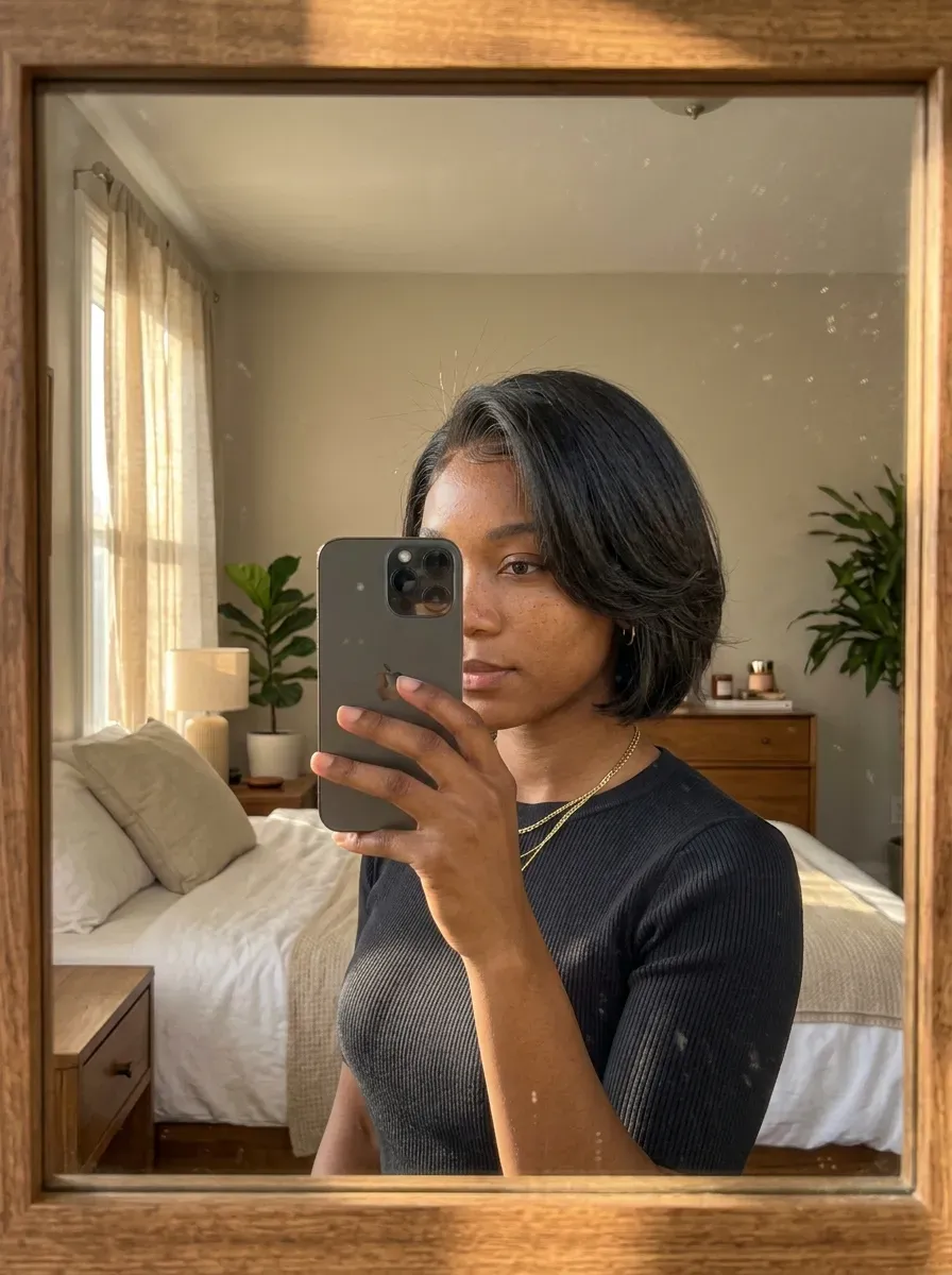 Woman taking an iPhone mirror selfie showing a sleek layered lace frontal bob with soft face framing.