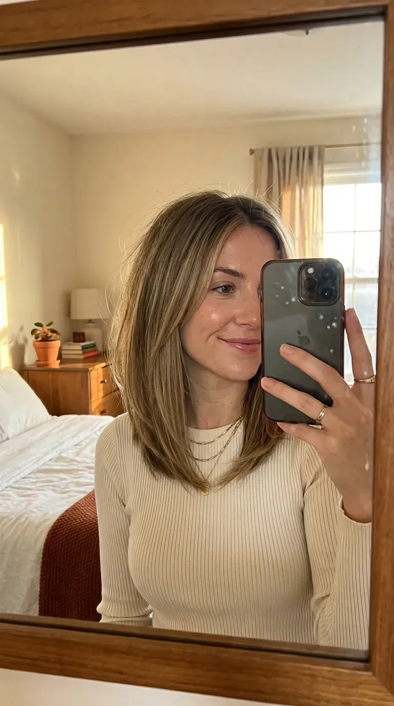 Woman taking an iPhone mirror selfie showing a layered long angled bob with soft face-framing pieces.