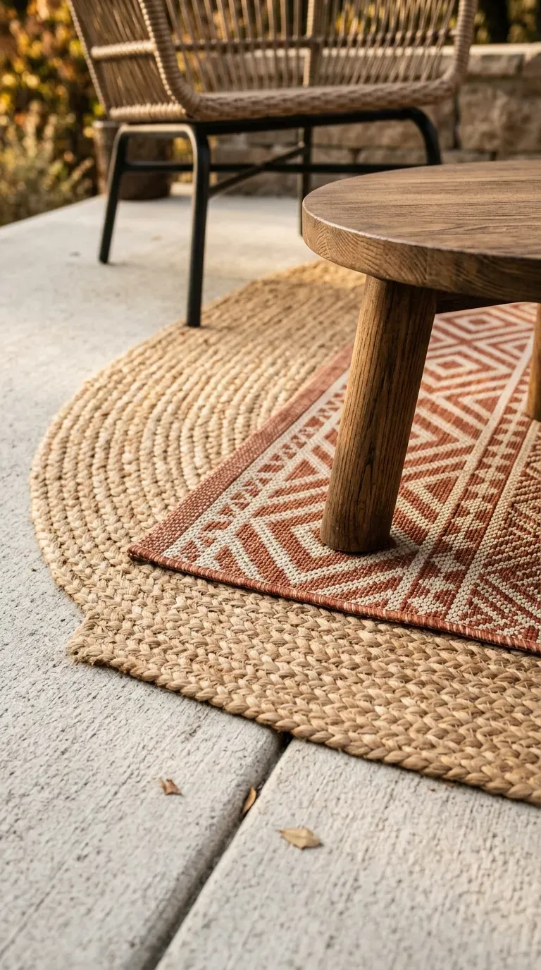 layered outdoor rugs with natural woven jute base and geometric flatweave on top
