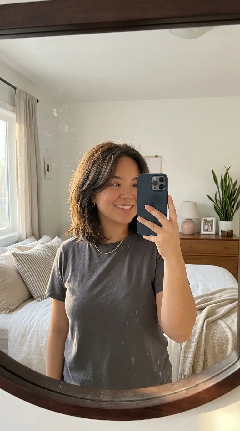 Woman taking an iPhone mirror selfie showing a layered short lob with long face-framing pieces.